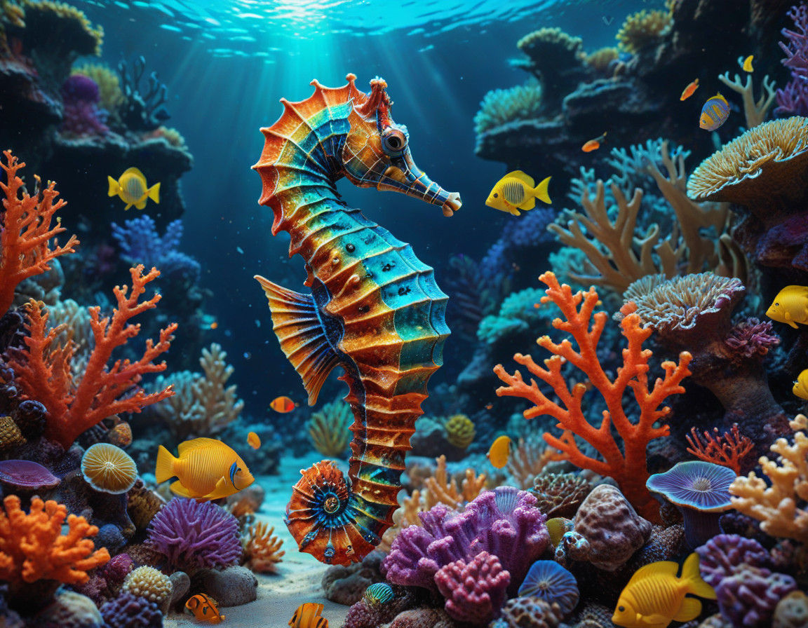 Vibrant Coral Reef Scene with Hyper-Realistic Seahorse