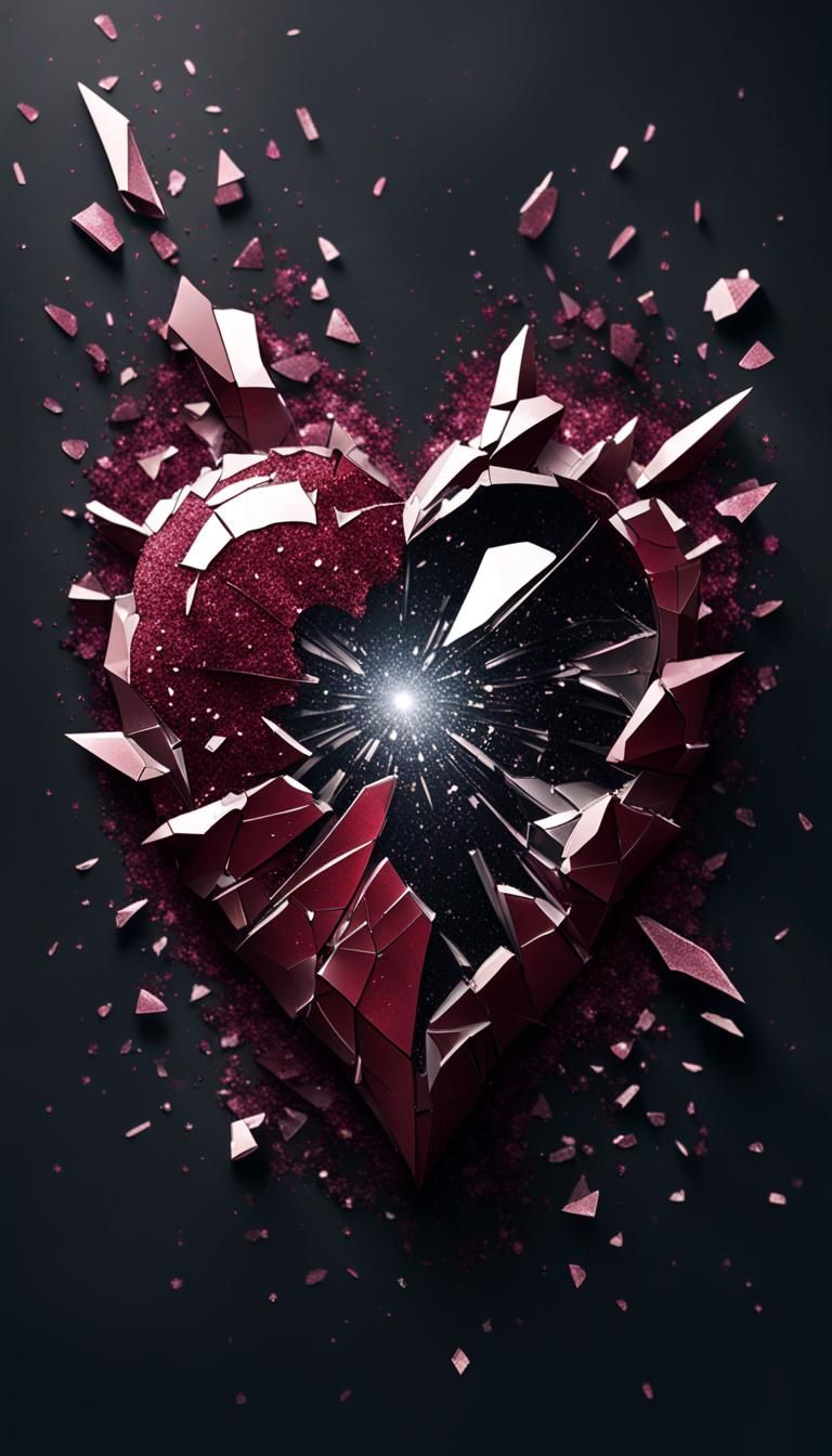 A crystal heart, broken, shattered and cracked in half with a dark background. Maroon glitter dust spills from the shatt...