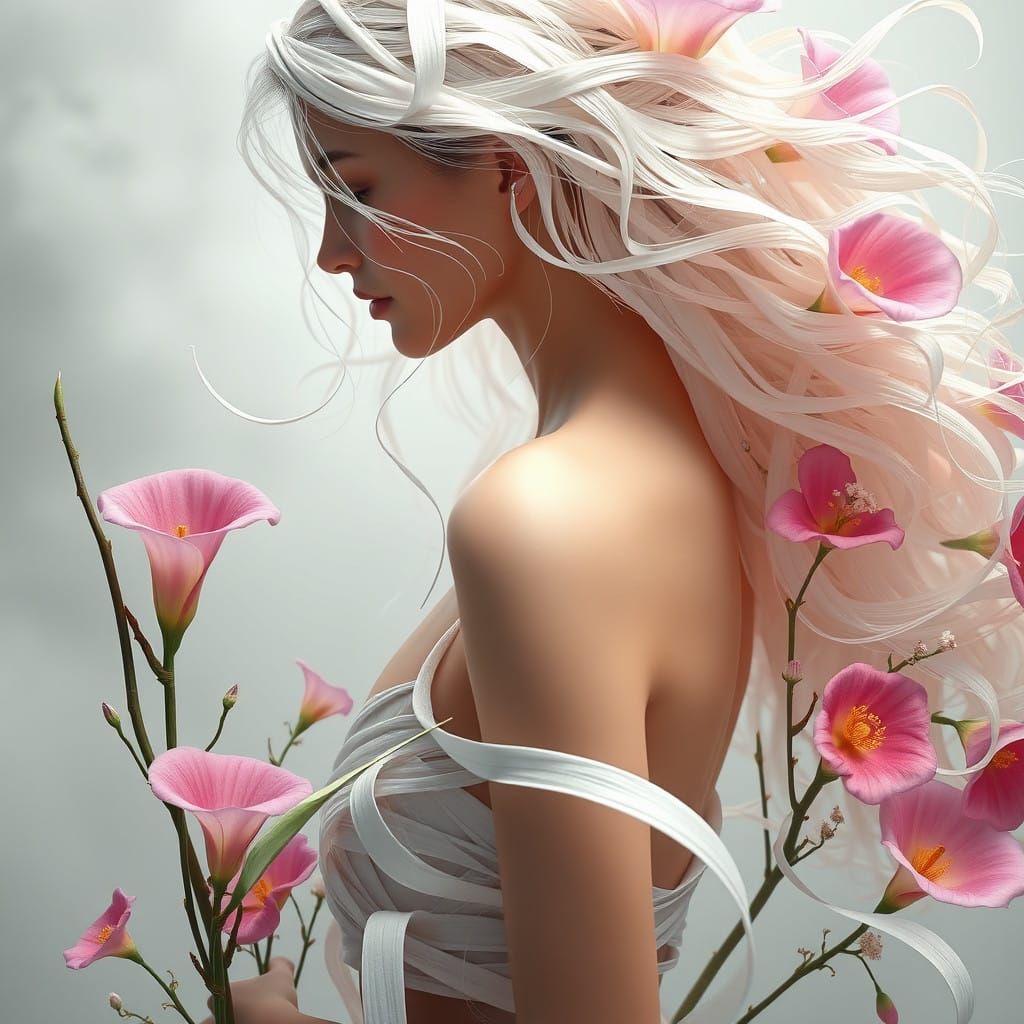 Surreal Elegance: Ethereal Woman in Whimsical Floral Setting