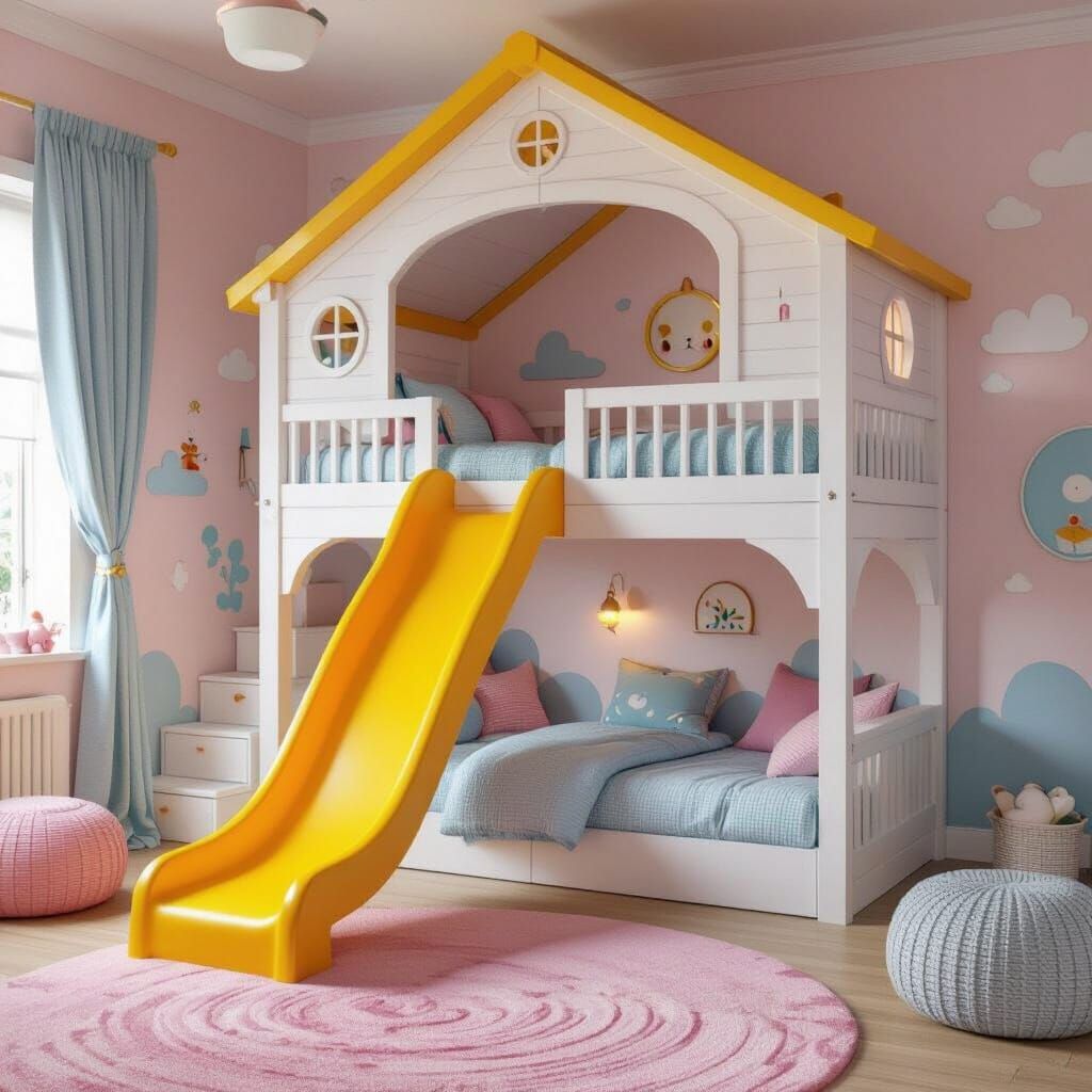 Dreamy Bunk Bed Bedroom with Yellow Slide, 3D Render