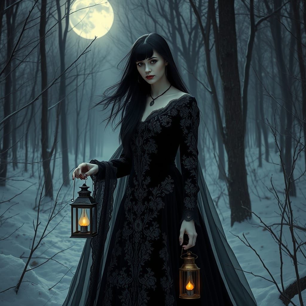 Gothic Woman in Snowy Forest, Surreal Hyperrealism