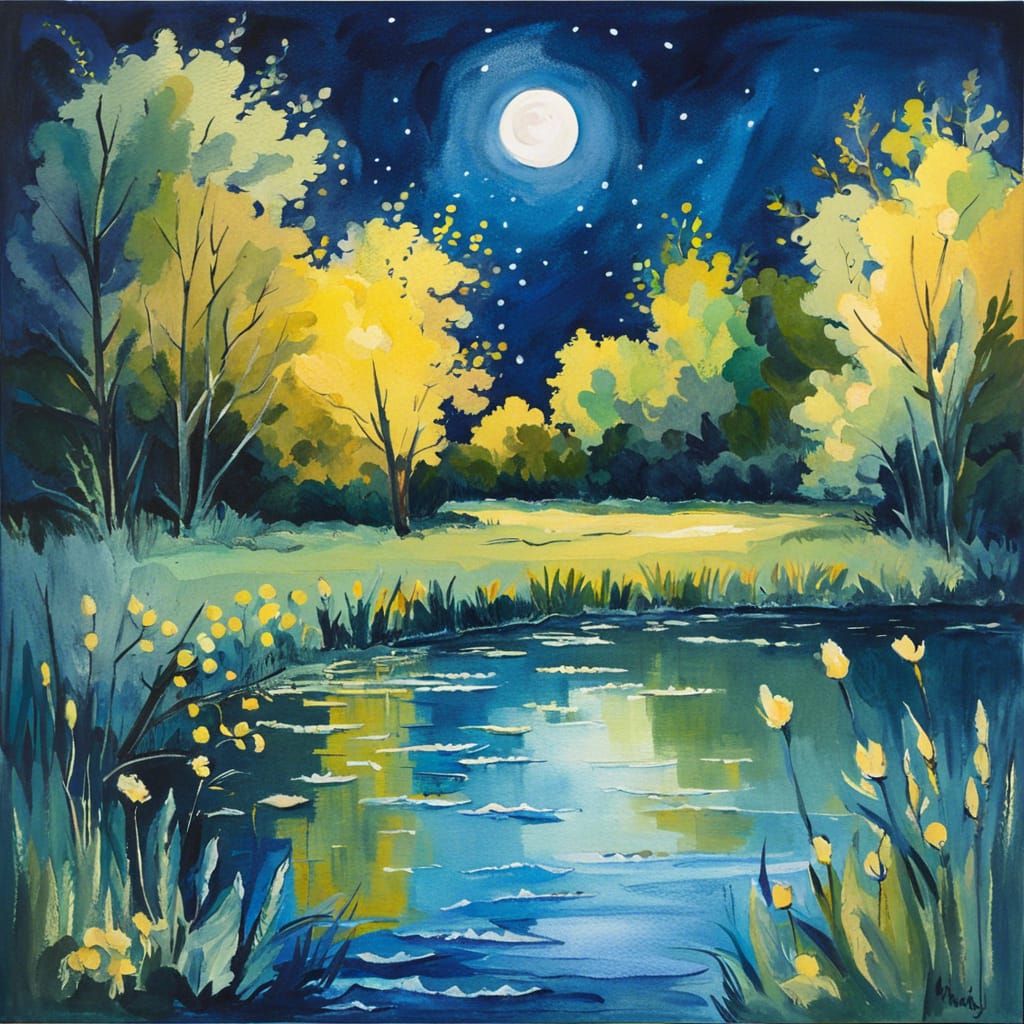 Moonlit Pond in Impressionist Gouache Watercolor Style