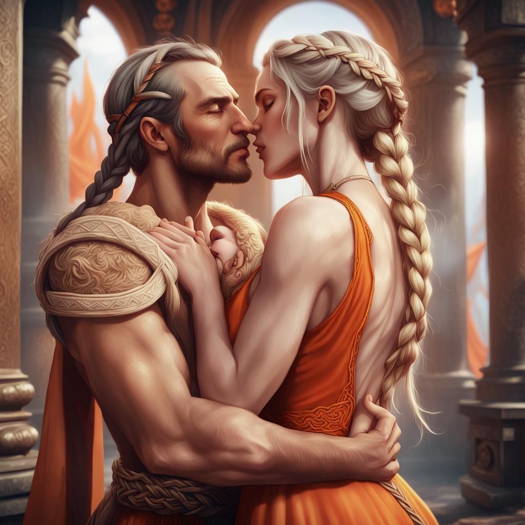 Passionate Embrace of Priestess: Fantasy Concept Art