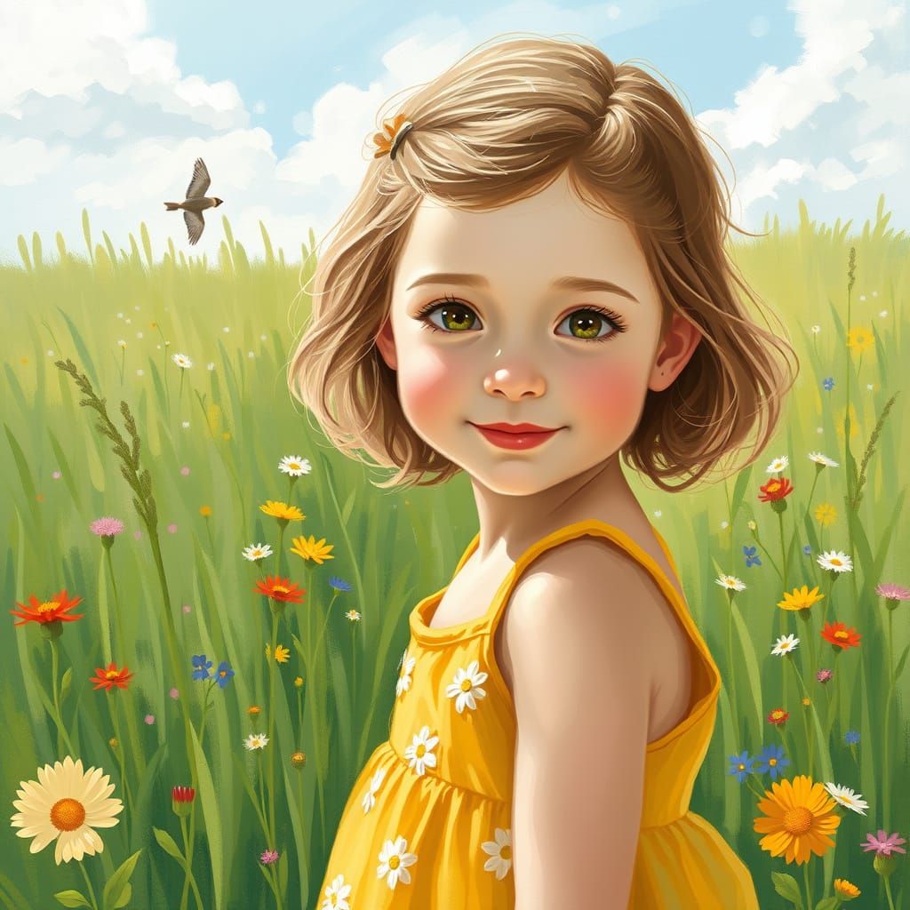 Impressionist Young Girl in a Sunlit Meadow