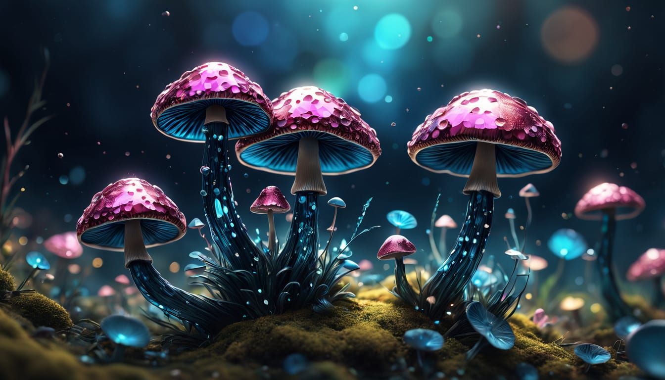 Glittering Crystal Mushrooms in Cosmic Flight
