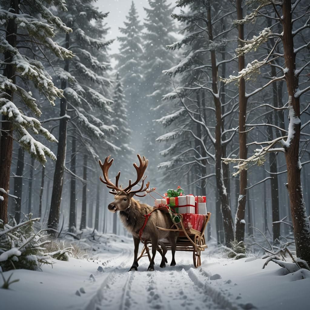 Reindeer in Santa Hat Pulling Sleigh: Matte Painting
