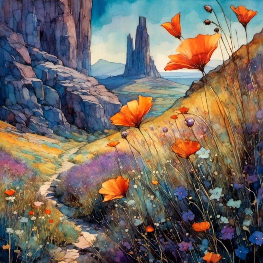 Wildflower Path Through Rocky Landscape, Art Nouveau