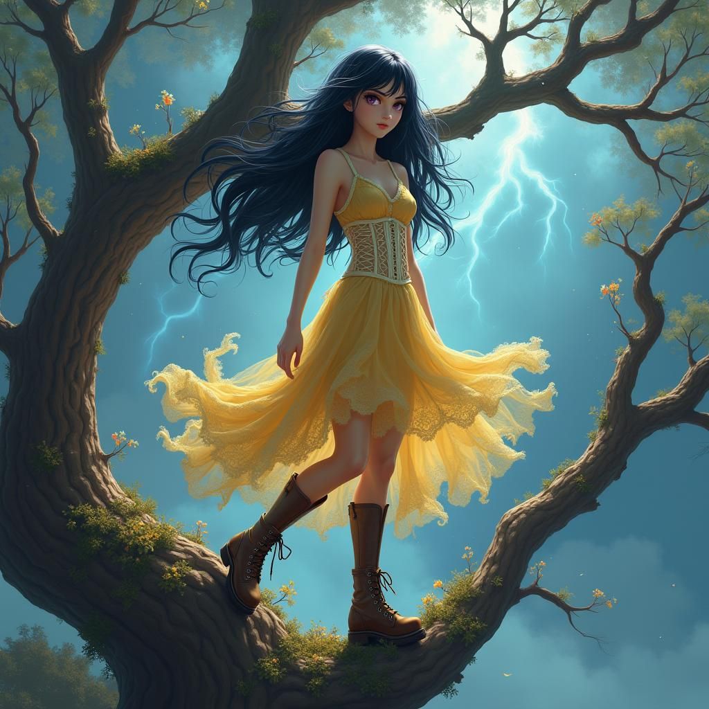 Violet-Eyed Girl Amidst Cosmic Storm, Dreamlike Art