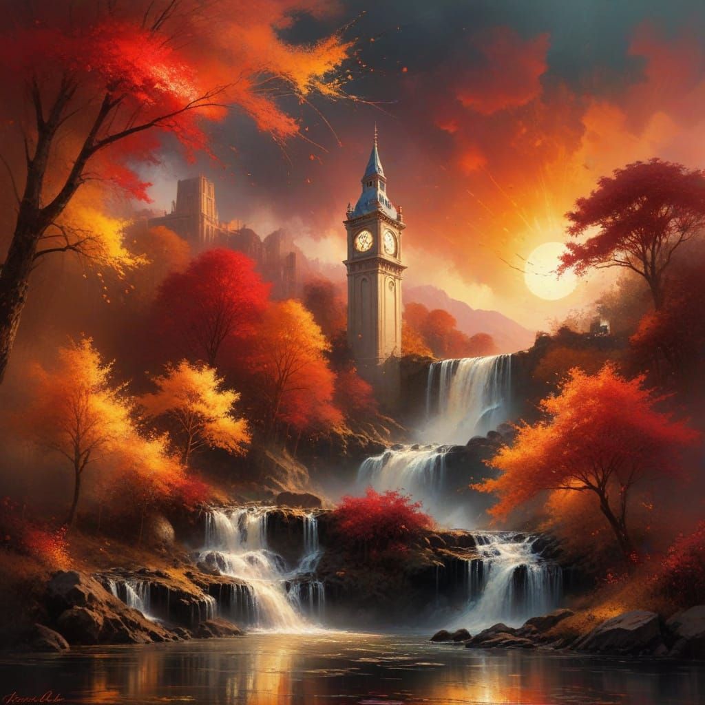 Autumn Clock Tower Masterpiece in Vibrant Grunge