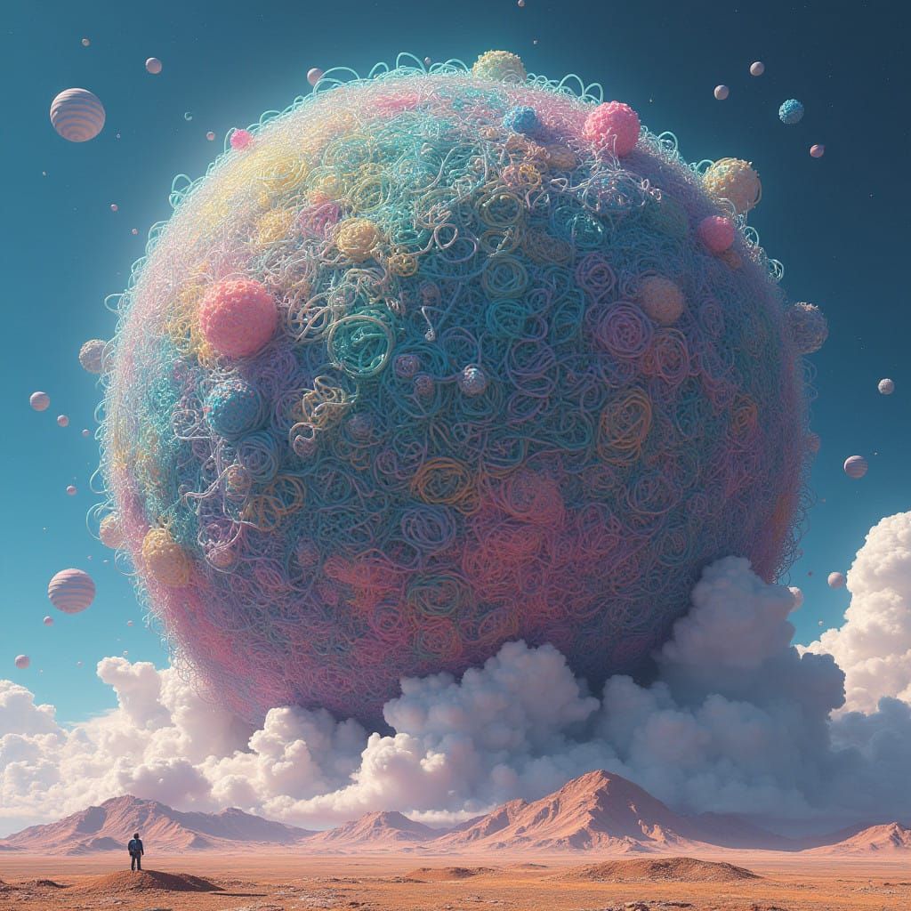 Massive Rubber Band Ball in Vibrant Op-Art Style