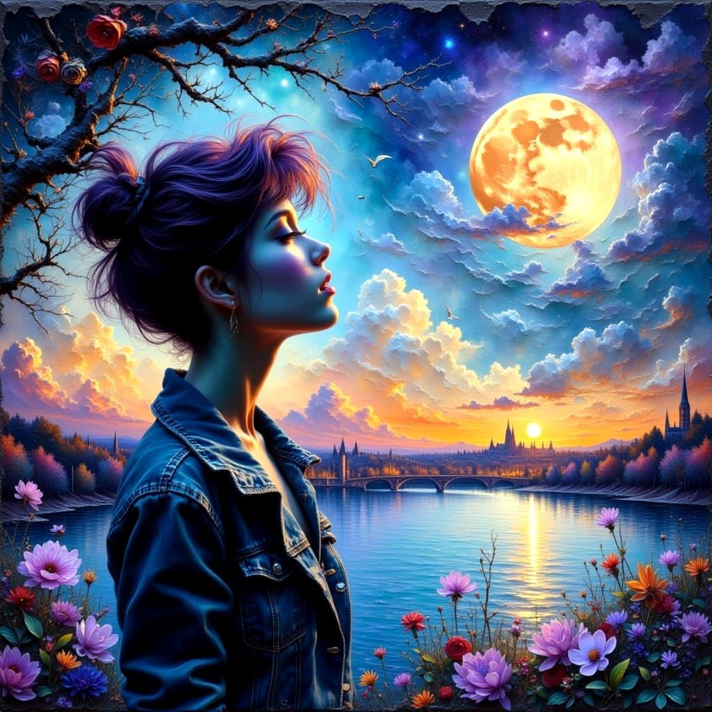 Moonlit Portrait in Impressionistic Denim Style