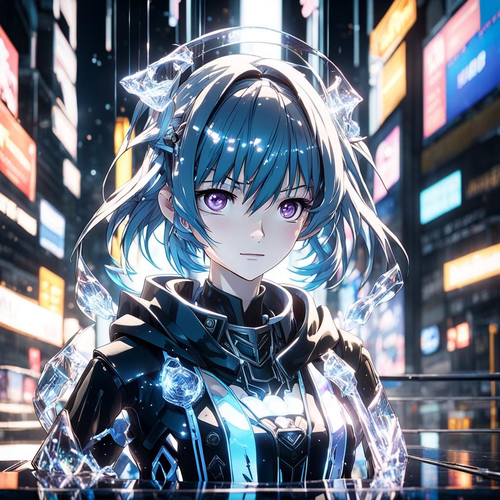Glass Anime Girl in 3D Cinematic Style
