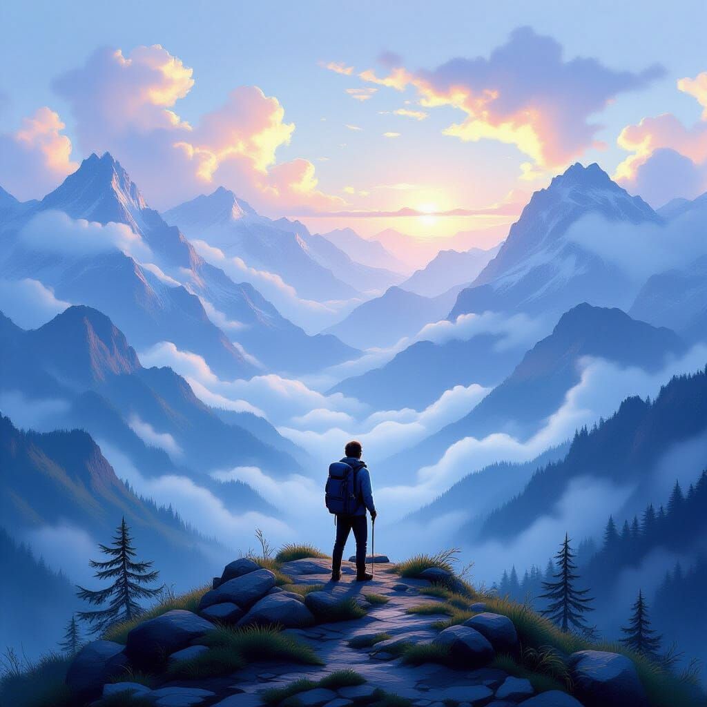 Ethereal Fantasy Hiker on Ridge Overlooking Vast Mountains