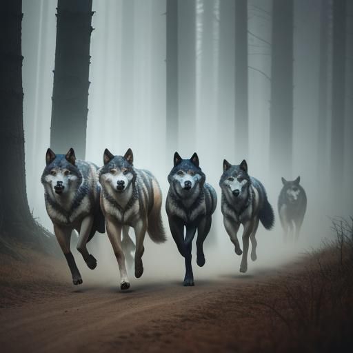 Wolves Running in Misty Forest: Cinematic Film Still