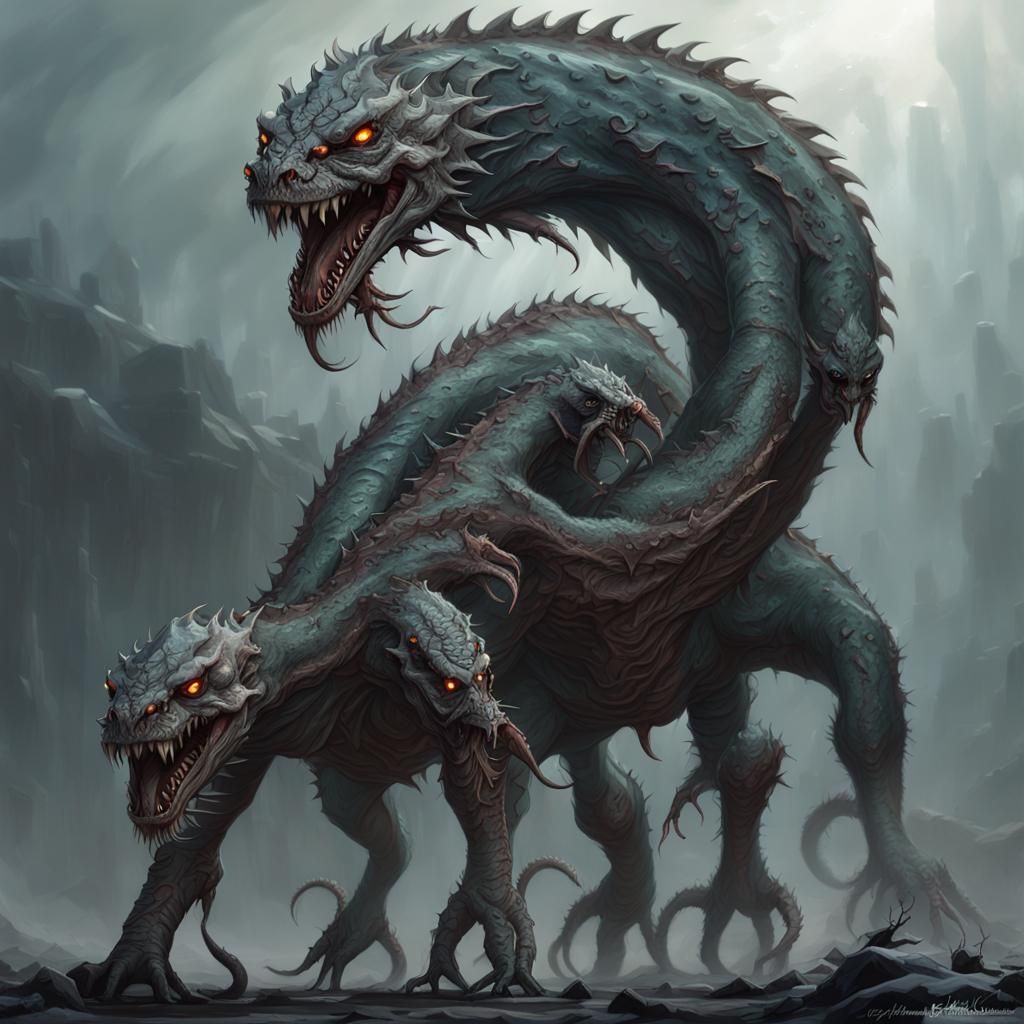 Zombie Hydra Roams Frozen Landscape: Dark Fantasy Art