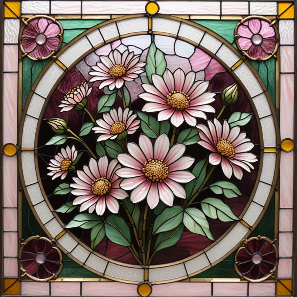 Traditional stained-gl art featuring small, pink mum flowers with an intricate round frame. Gold lead lines and textured...