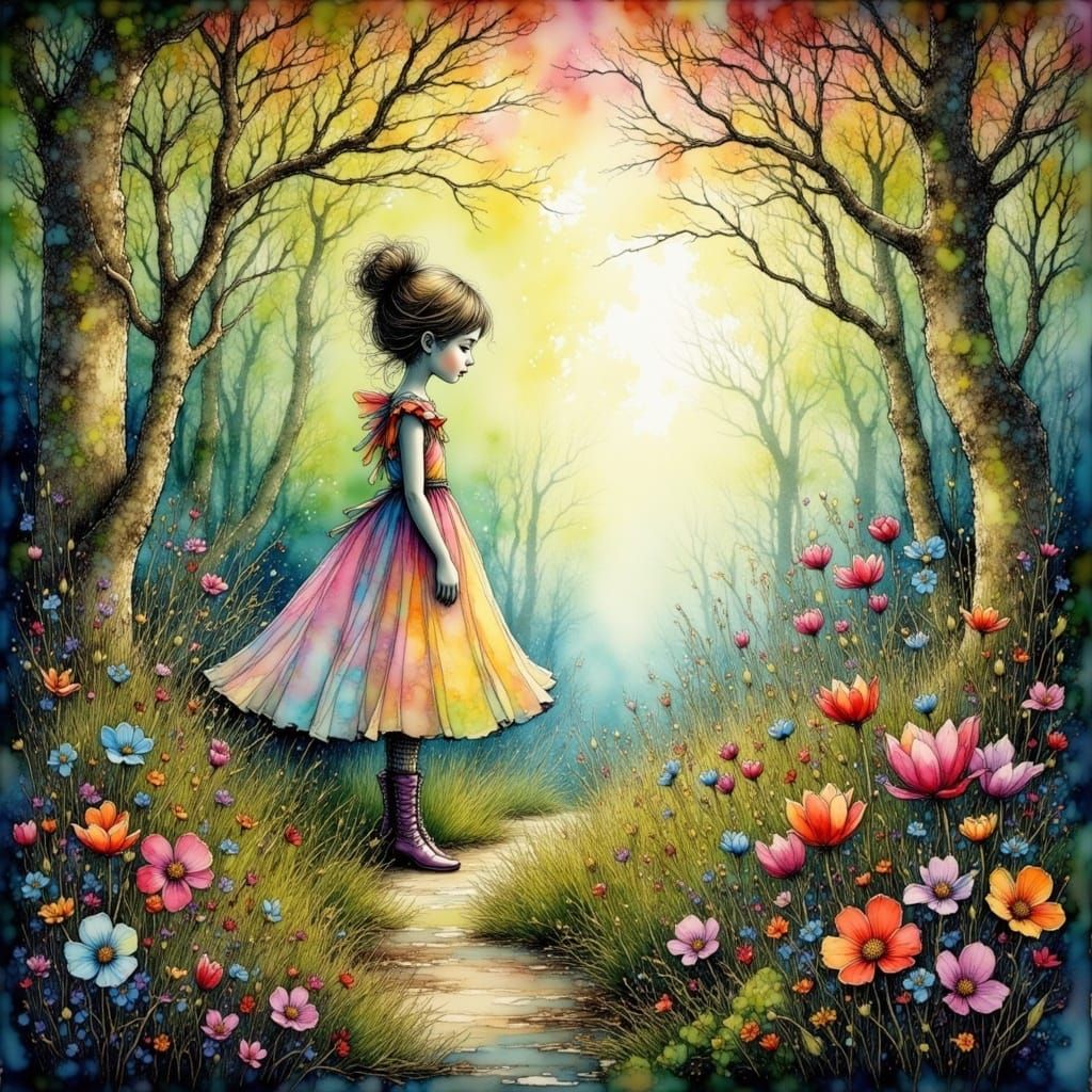 Whimsical Forest Goddess in Pastel Hues and Lush Greenery