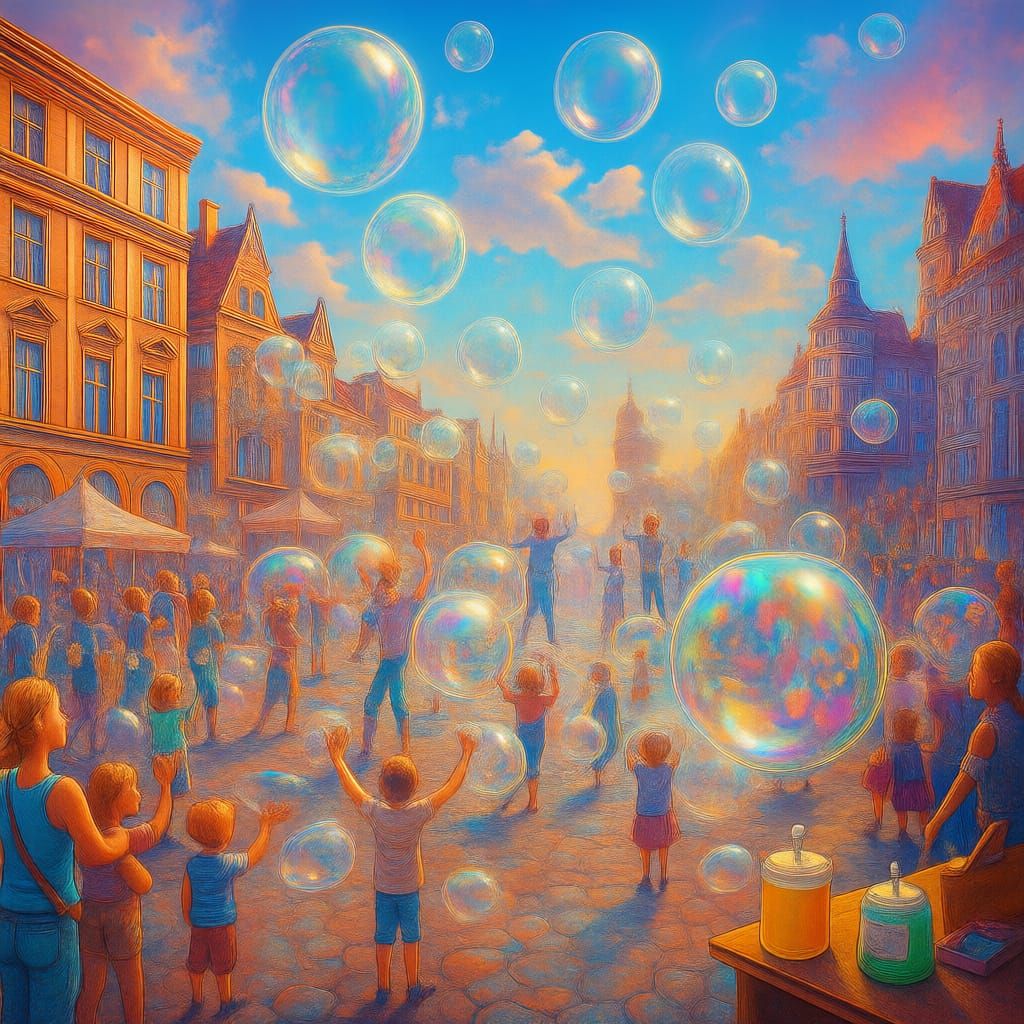 Giant Soap Bubbles Floating in Futuristic City