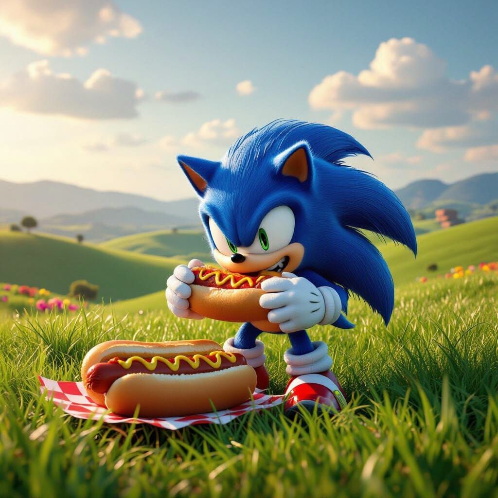 Sonic Eating Hot Dogs in Green Hill Zone