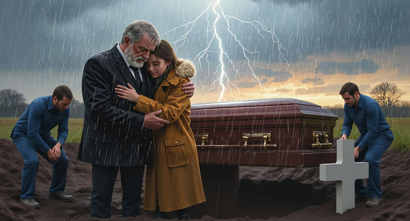 Grief and Comfort: A Hyperrealistic Graveside Scene