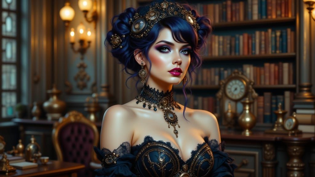 Steampunk Woman in Victorian Library Portrait
