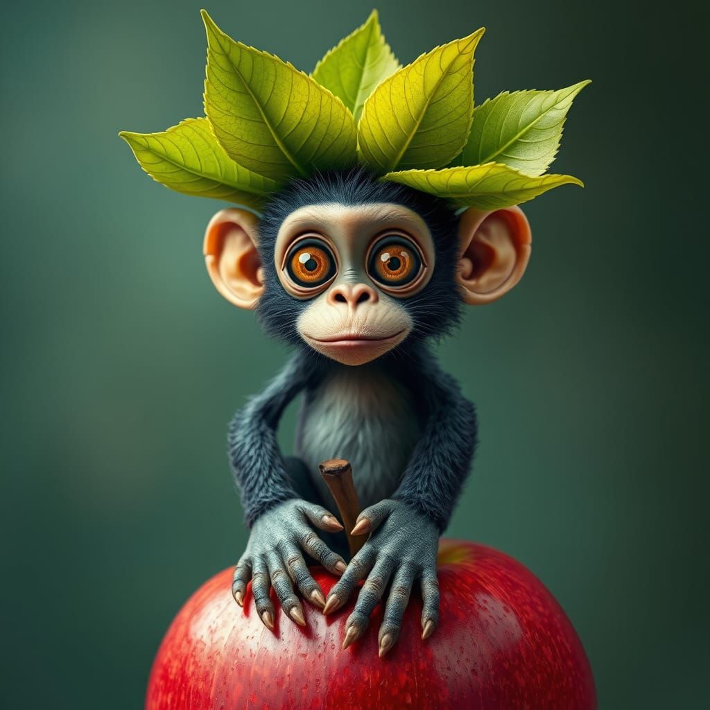 Whimsical Fantasy Monkey in a Vibrant Red Apple