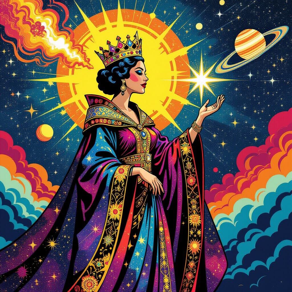 Regal Queen in Cosmic Robe, Pop Art Style