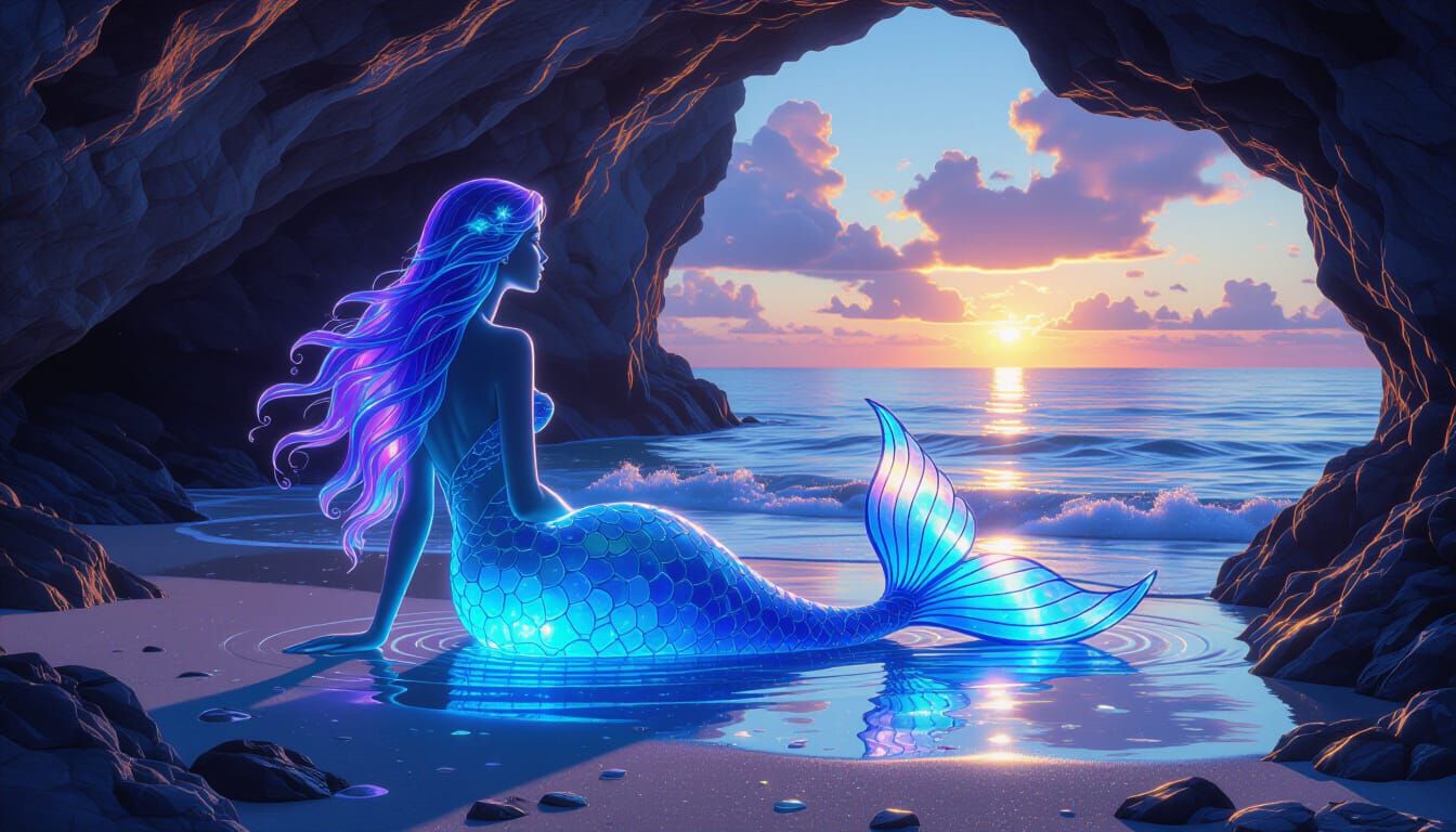 Sea Glass Mermaid Sculpture in Enchanted Cave at Dawn