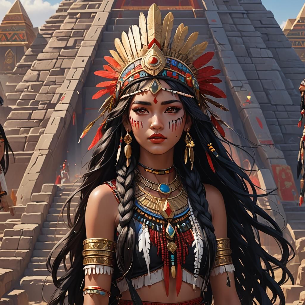 Aztec Princess in Anime Style with Pyramid Backdrop