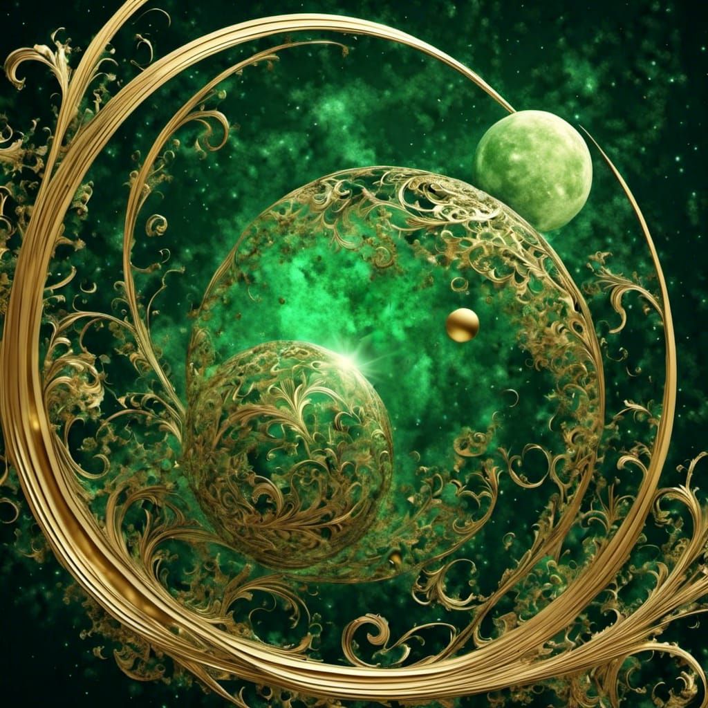 Swirling Planet and Moon in Green Night Sky