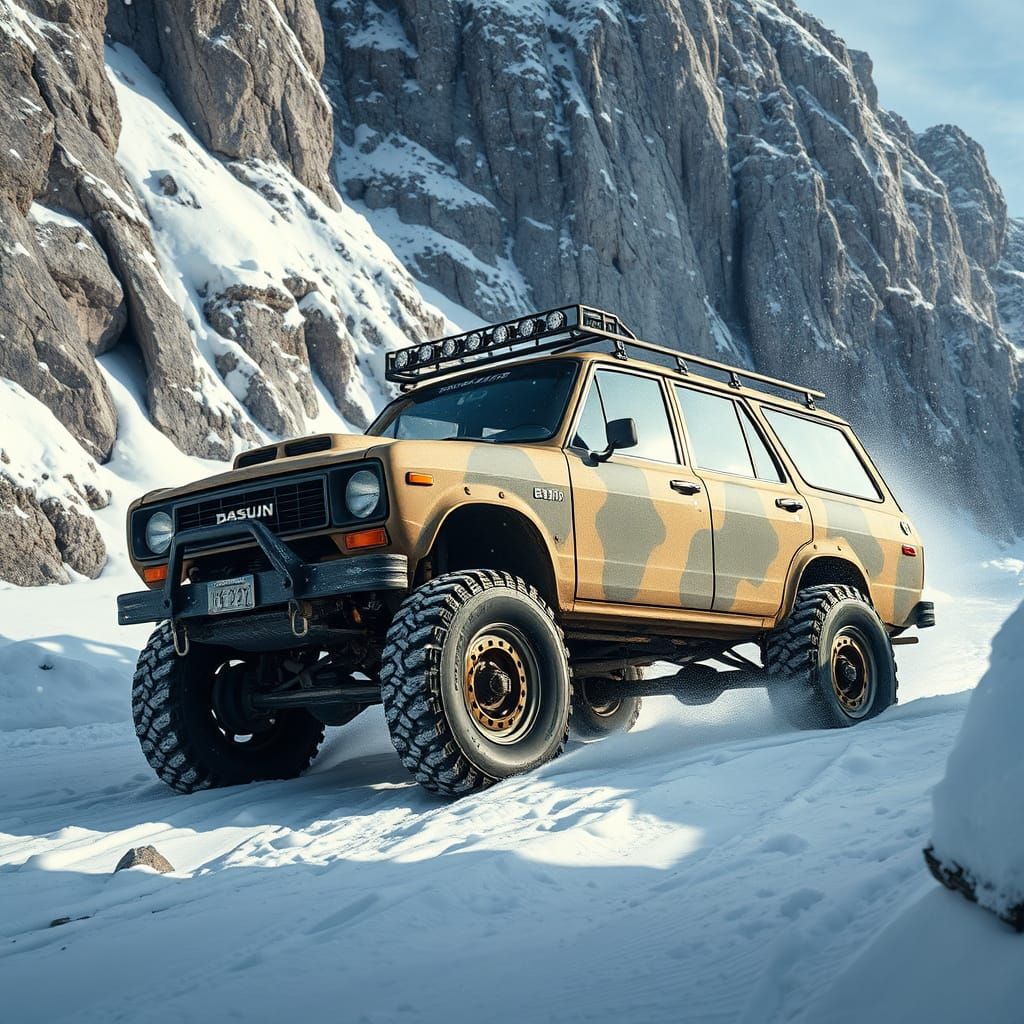 Heavily Modified Datsun Navigates Snowy Mountain Path