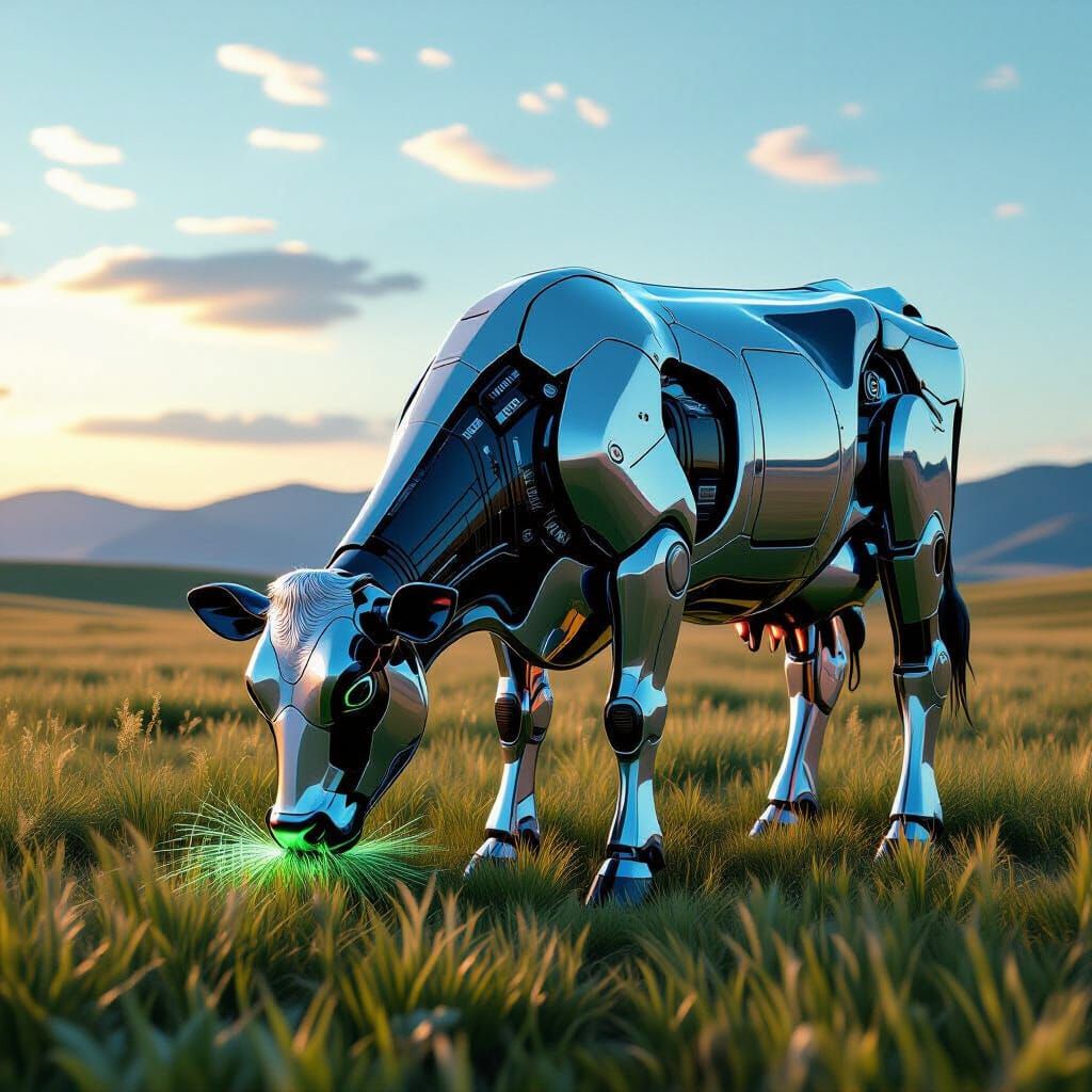 Cyberpunk Robotic Cow Grazing in Futuristic Meadow