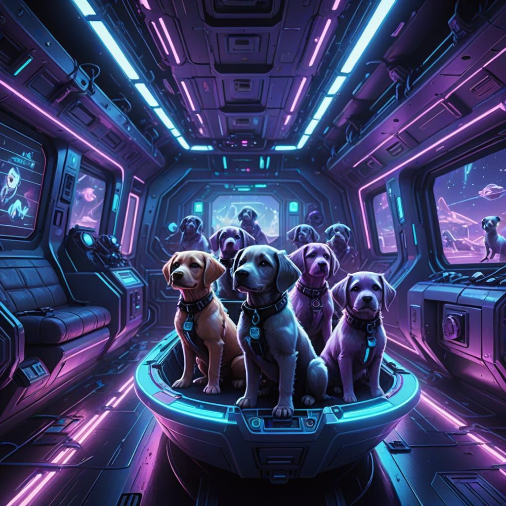 Neon Sci-Fi Ship Interior with Floating Figures