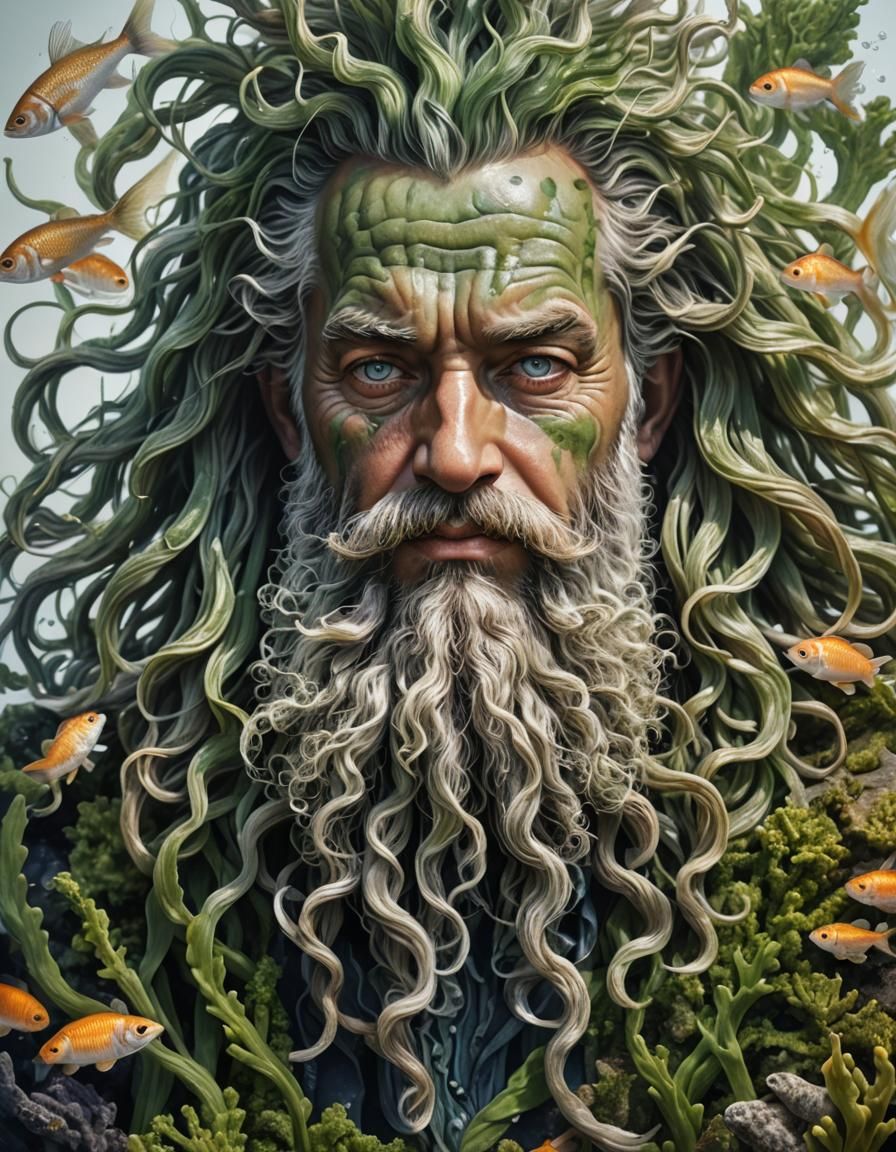 Photorealistic Neptune with Algae Beard and Fish