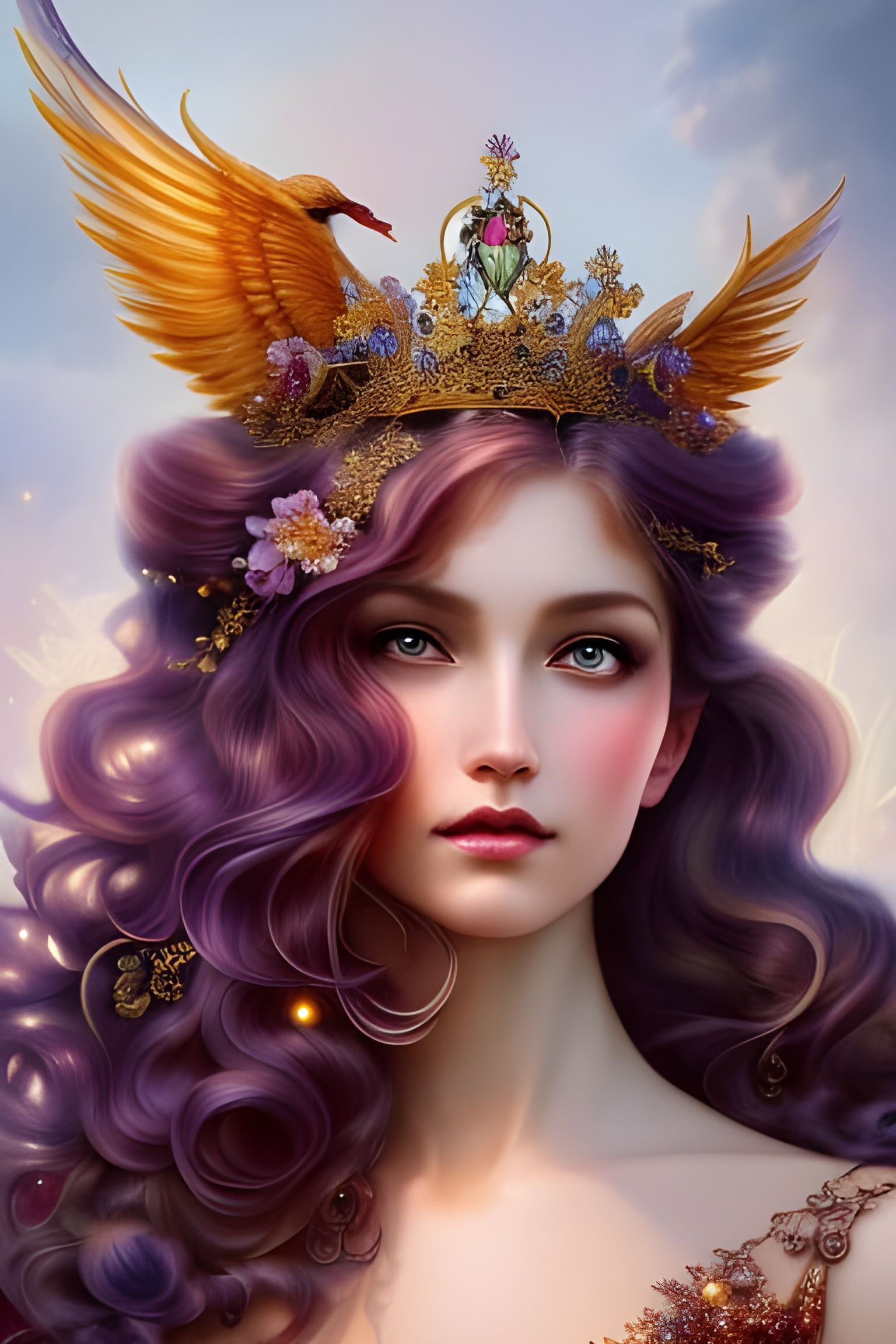 Fairy with Phoenix and Intricate Crown in Ethereal Style