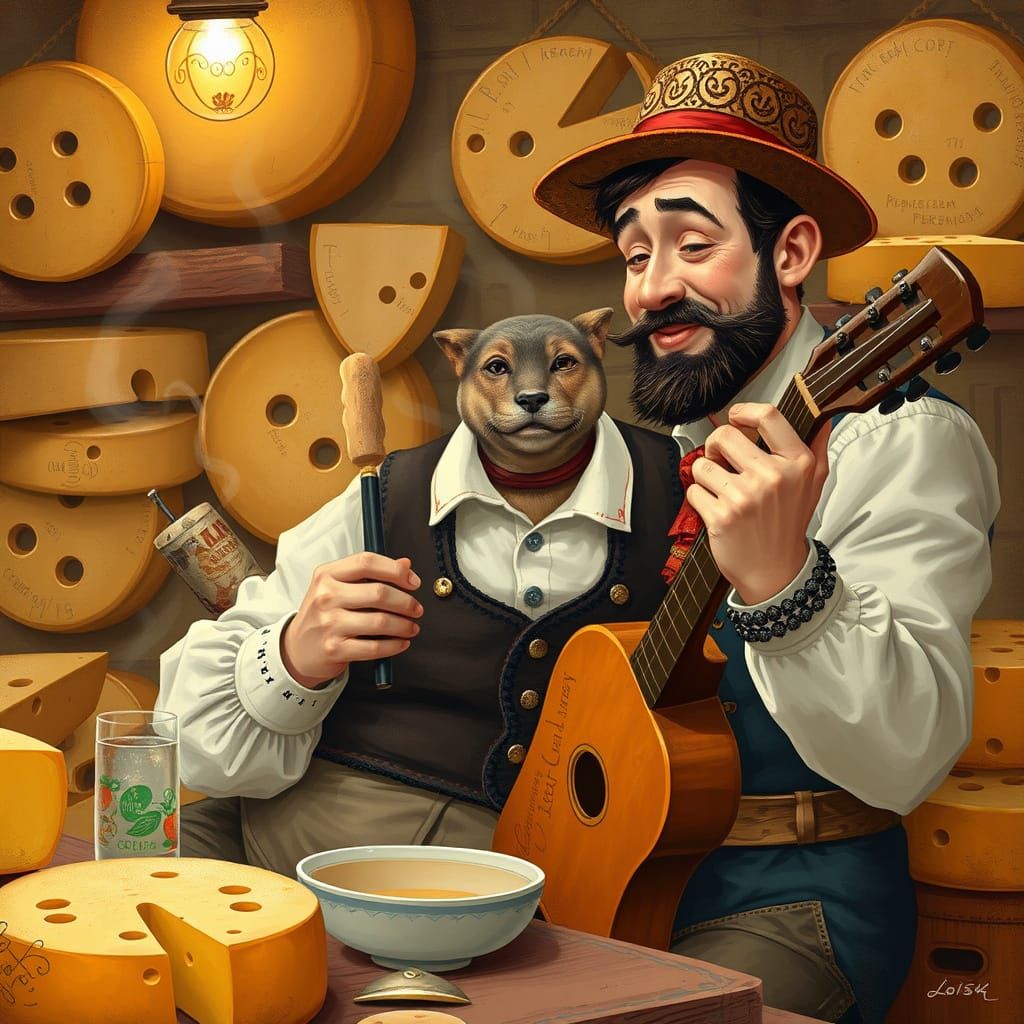 German Man Enjoys Music and Food, Whimsical Art