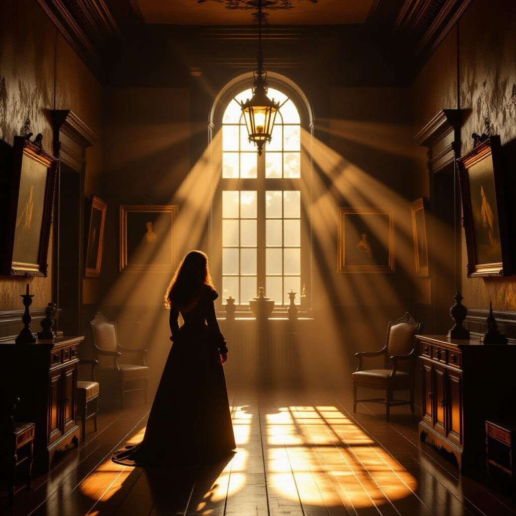 Lone Figure in Sunlit Historical Room, Vermeer & Rembrandt S...