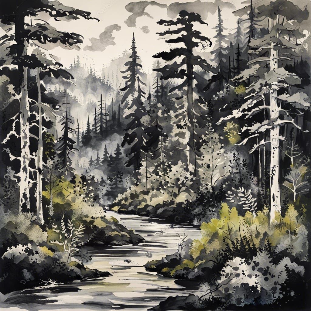 Monochrome Taiga Spruce Forest in Impressionist Style