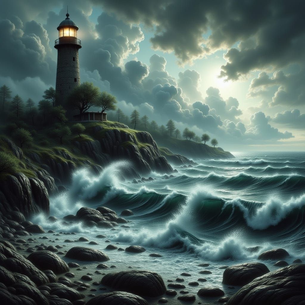 Hyperrealistic Oceanside Landscape with Lighthouse