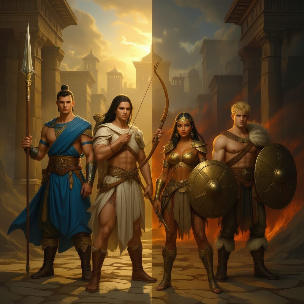 Four Heroes Before a Sunlit Roman City