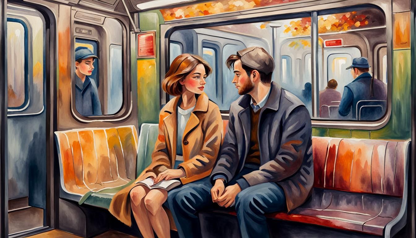 Romantic Couple in Subway: Neo-Impressionist Oil Painting