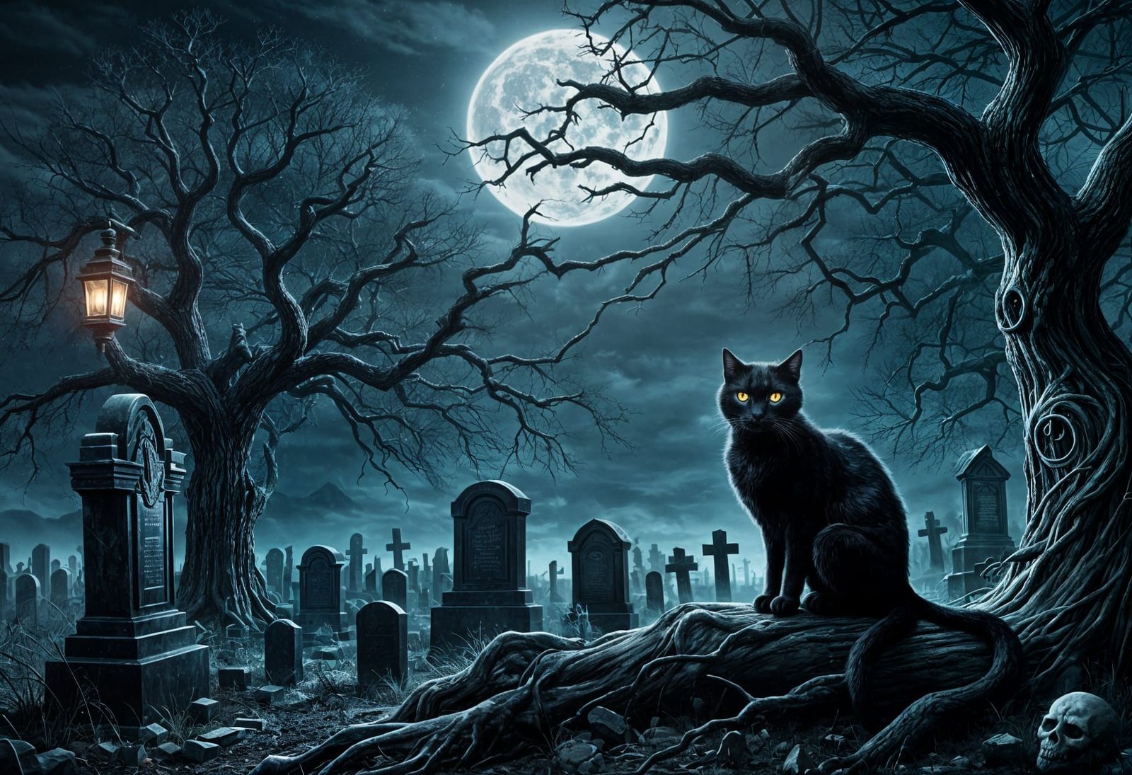 Eerie Cemetery Scene with Sinister Glowing Cat