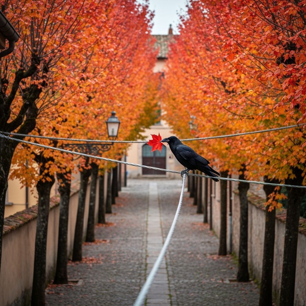 Glossy Crow with Red Leaf in Autumn Italian Town