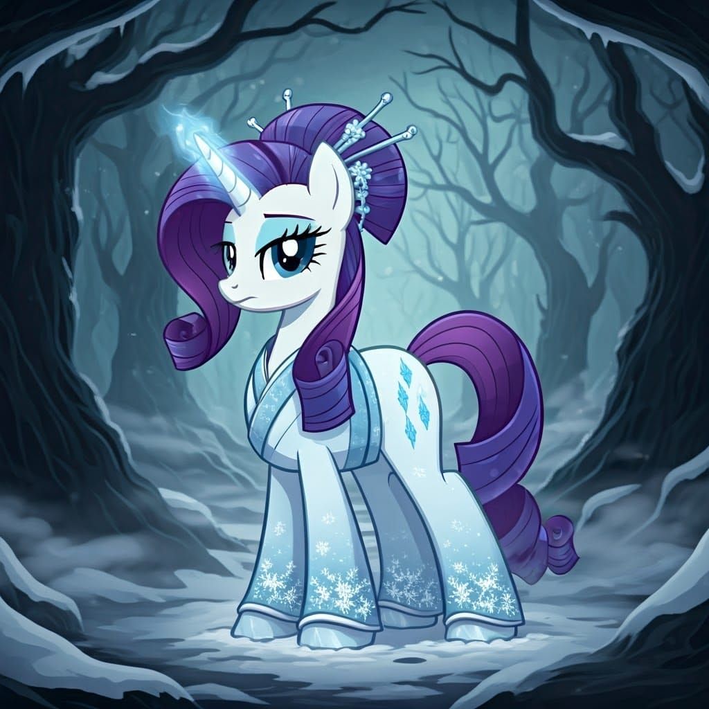 Elegant Winter Geisha Pony in Snowy Gothic Landscape