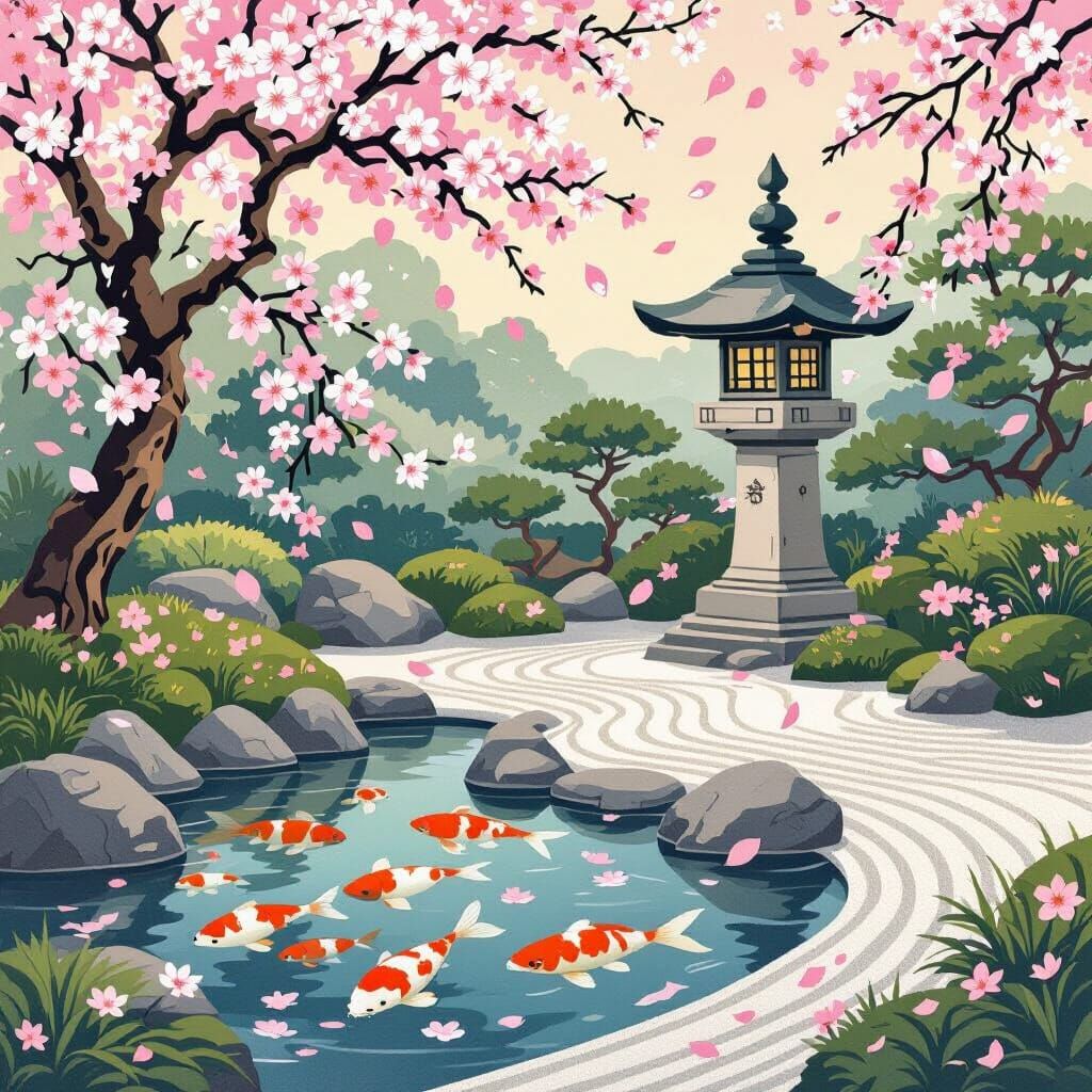 Japanese Garden with Koi and Cherry Blossoms in Ukiyo-e Styl...