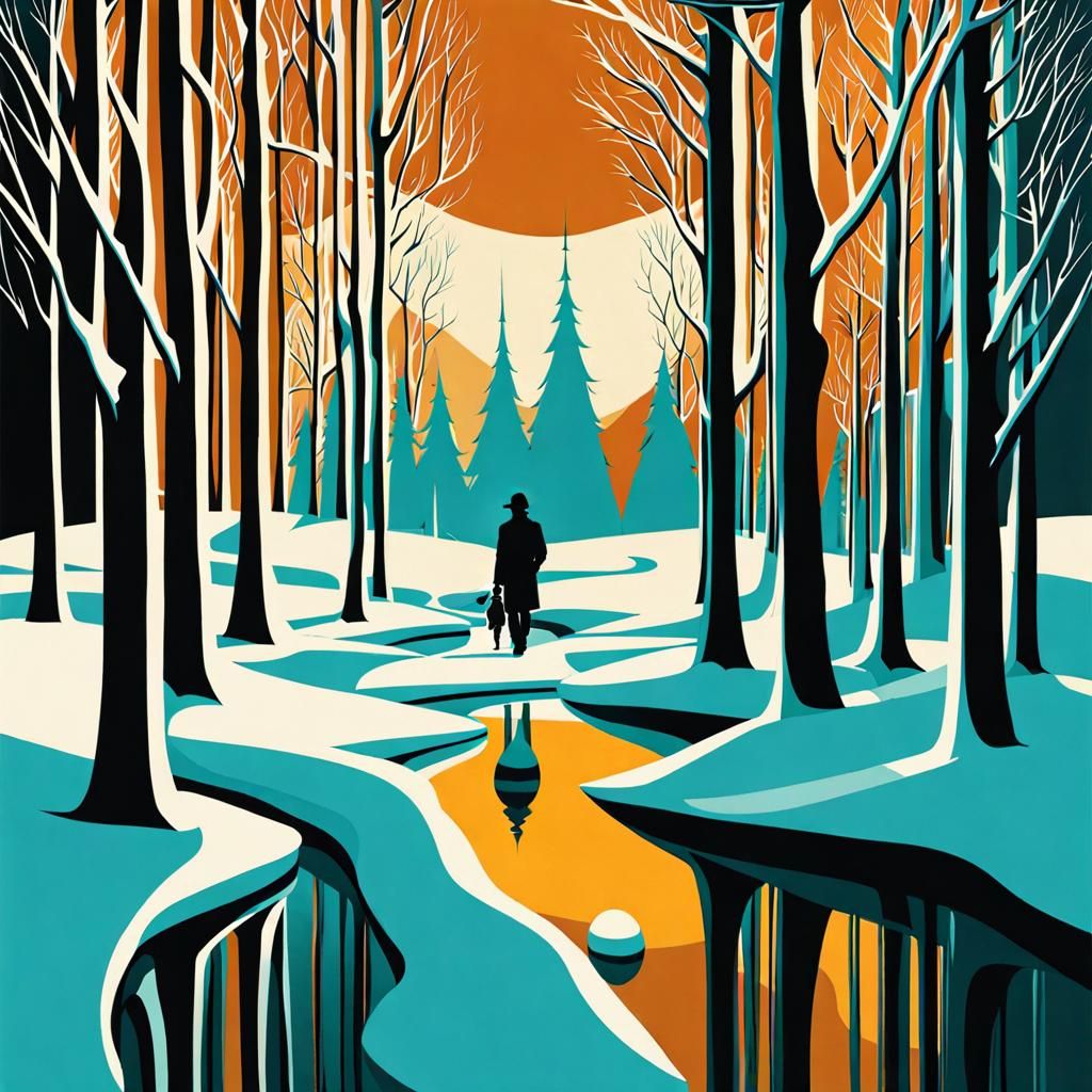 Frozen Landscape Gouache Painting with Geometric Elements