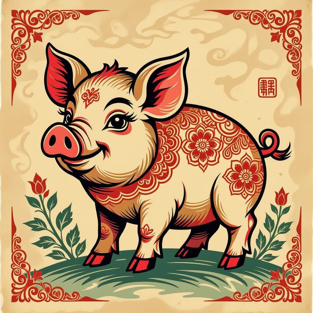 Chinese Zodiac Pig in Traditional Woodcarving Style