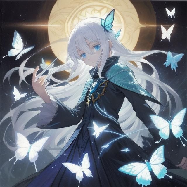 Anime Winter Eladrin Sorcerer with Butterflies and Magic