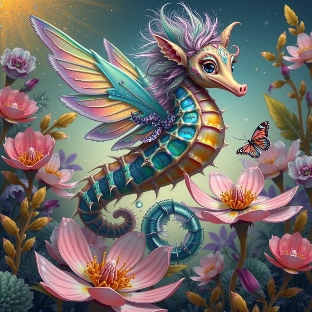 Enchanted Whimsy Seahorse Flies Among Pastel Blooms