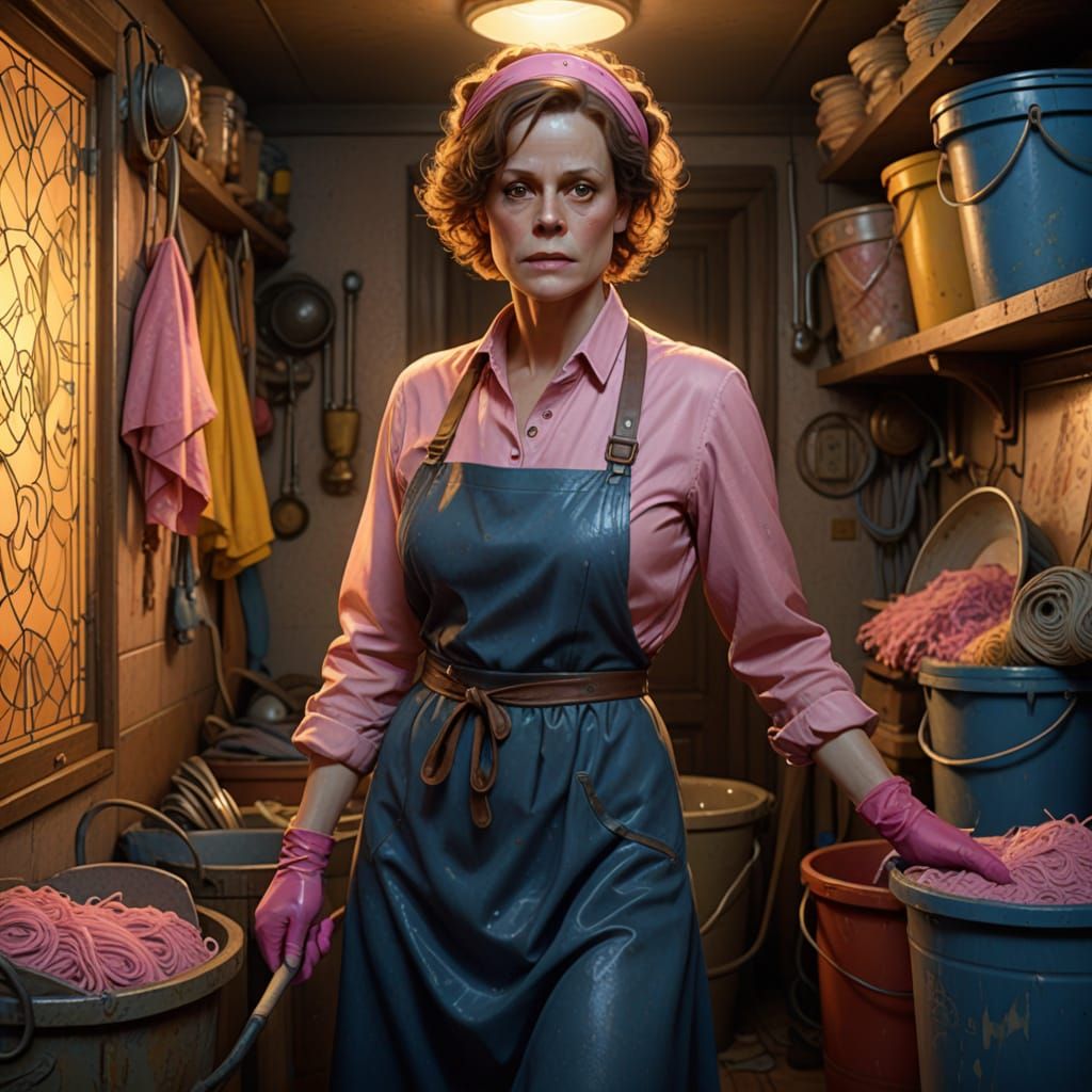 Exhausted Charwoman in a Gilded Cleaning Closet